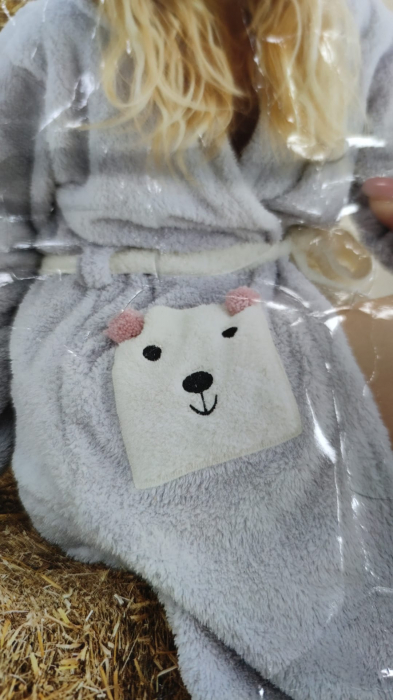 Halat Femei gros Cocolino cu gluga si botosi asortati, model cu iepuras, Pufos, Gri/alb [2]