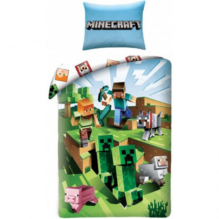 Lenjerie de pat pentru copii Minecraft  140×200 cm, 70×90 cm, Disney, 100% bumbac [1]