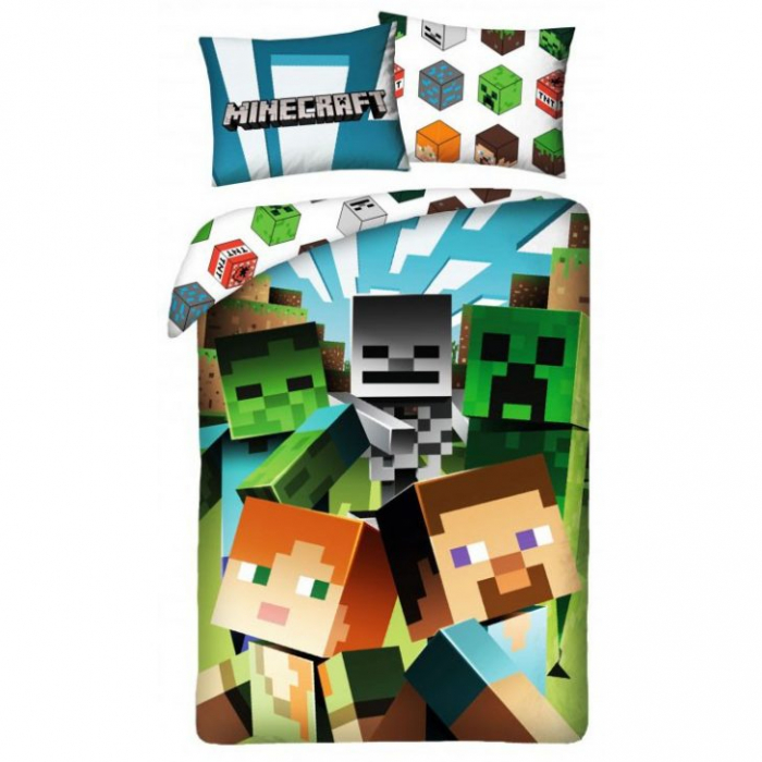 Lenjerie de pat pentru copii Minecraft  140×200 cm, 70×90 cm, Disney, 100% bumbac [1]