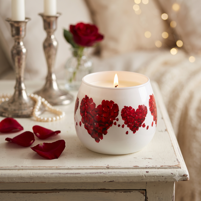Lumânare parfumată LOVE în pahar din sticlă cu design romantic și inimioare roșii, [3]