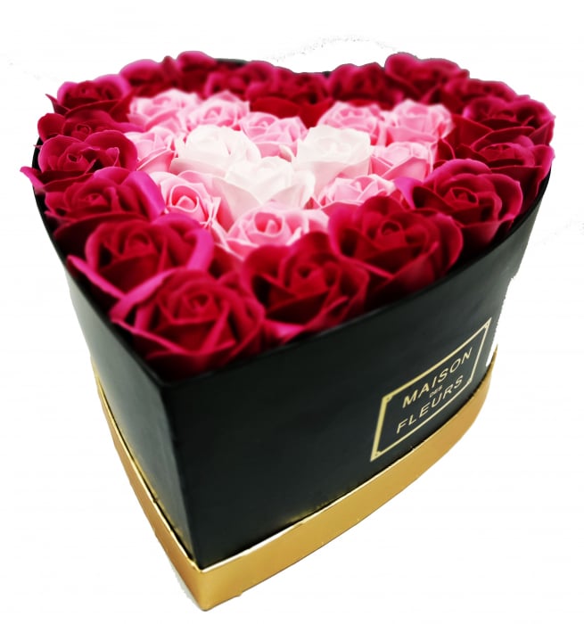 Pachet cadou cu 31 trandafiri din sapun roz si albi  AC-R31324 big box sub forma de inima neagra [1]