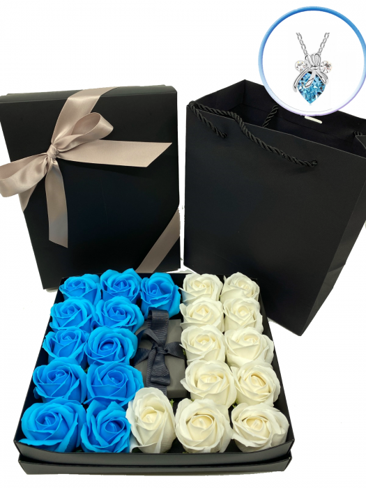 Pachet cadou dama  Libelula albastru aquamarine cu cristale si 19-22 trandafiri de sapun [1]