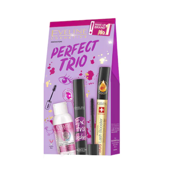 Pachet Eveline Perfect Trio, Extra Lashes Extreme Volume Care Mascara, 12 ml, Apa micelara Eveline Hyaluronic 3 in 1, 100 ml, Tratament Cadere si Crestere Gene 5 in 1 SOS , 10 ml