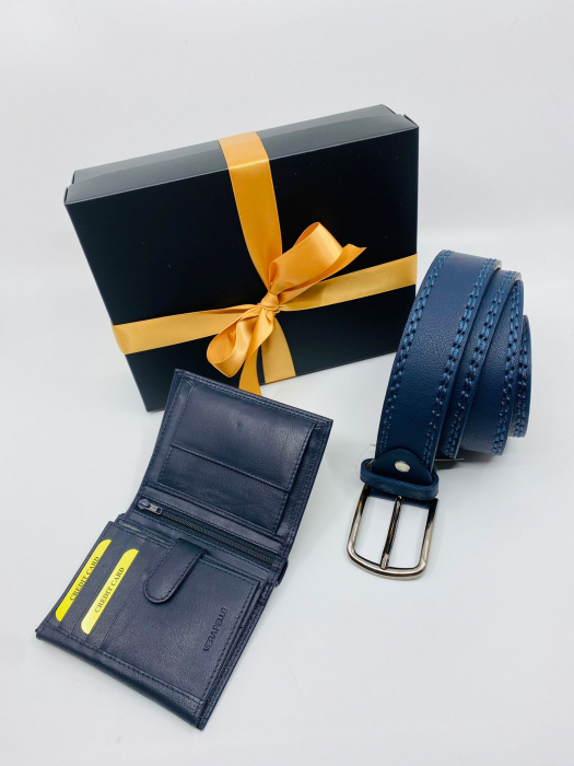 Pachet Promo Portofel de piele si Curea de barbati 130cm, bleumarin, C130BL-LY0577-P1379NAVY [2]