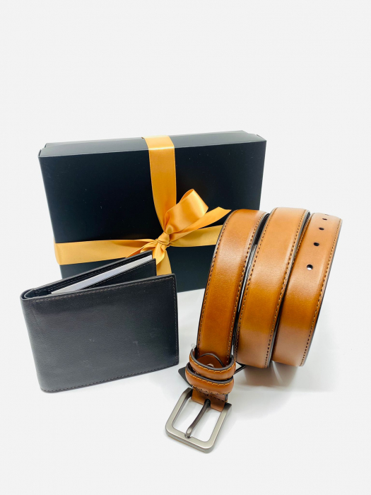 Pachet Promo Portofel de piele si Curea de barbati 135cm, maro, C135M-LY1800-P1373brown [2]