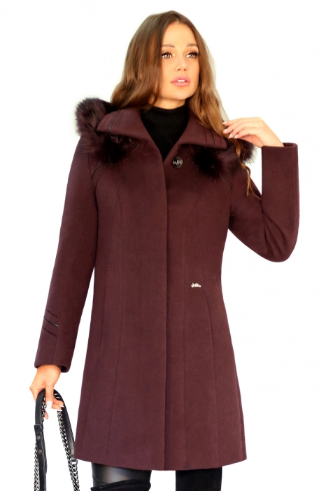 Palton elegant din stofa fina, OLGA G12V culoarea pruna inchisa- visiniu