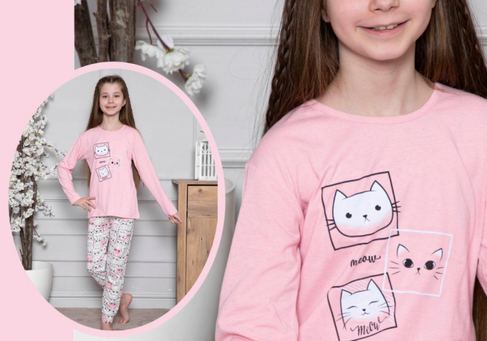 Pijama bumbac  două piese pentru fetite cu pisici, 6-14 ani, 806, culoare roz [2]
