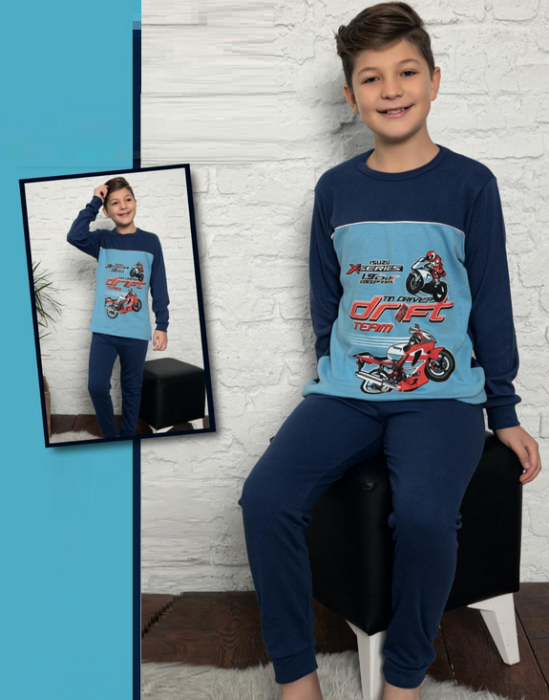 Pijama bumbac  două piese pentru baieti cu motocicleta, 6-14 ani, 8027, culoare bleumarin [1]