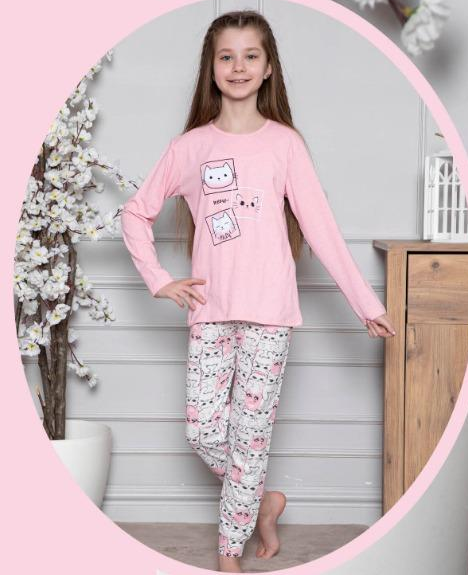 Pijama bumbac  două piese pentru fetite cu pisici, 6-14 ani, 806, culoare roz [3]