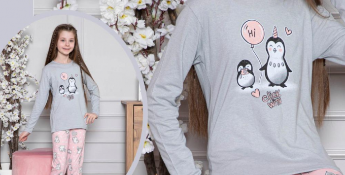 Pijama bumbac două piese pentru fetite cu pinguini, 6-14 ani, 802 [2]