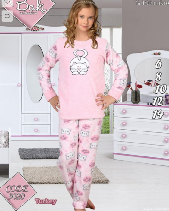 Pijama Cocolino din doua piese pentru fete, culoare roz, model cu pisica, 6-14 ani, 9020
