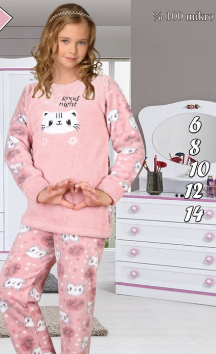 Pijama Cocolino din două piese pentru fete cu pisica, culoare roz, 6-14 ani, 9021 [1]