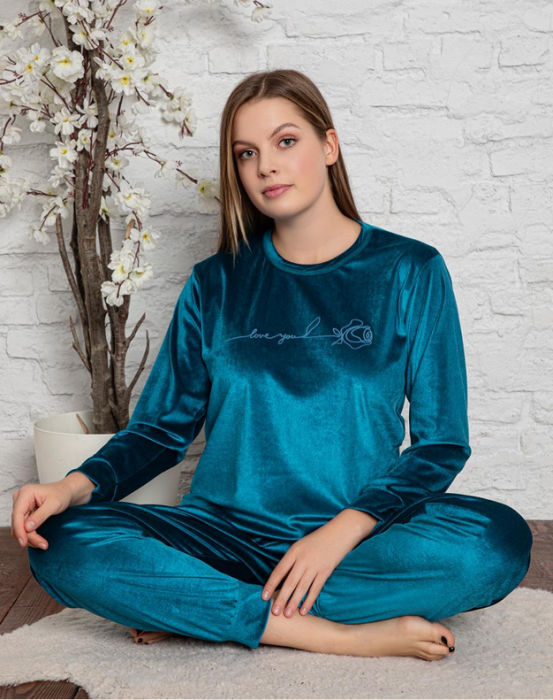 Pijama din două piese, Material Catifea, Lux, Verde Petrol 309 [2]