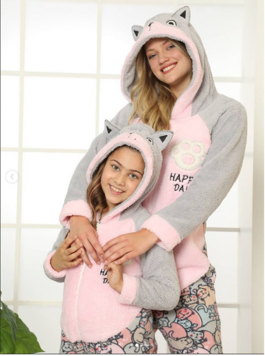 Set MAMA-FIICA cu urechi de pisica,  Material polar, Lux,  14127, model cu pisica gri si roz [4]