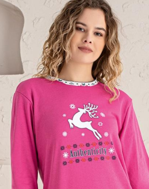 Pijama FEMEI cu tematica de Craciun, din două piese, Material 100% bumbac, Lux,  2041Roz, model cu reni [3]