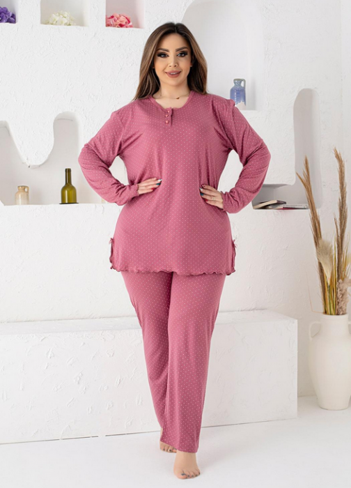 Pijama FEMEI serie mare Battal, din două piese, Material 100% Viscon, Lux,  BAK21Roz, model cu buline [2]