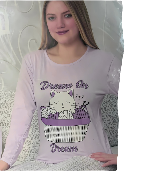 Pijama mov FEMEI cu pisica, din două piese, Material 100% bumbac ,BERF3014 [1]