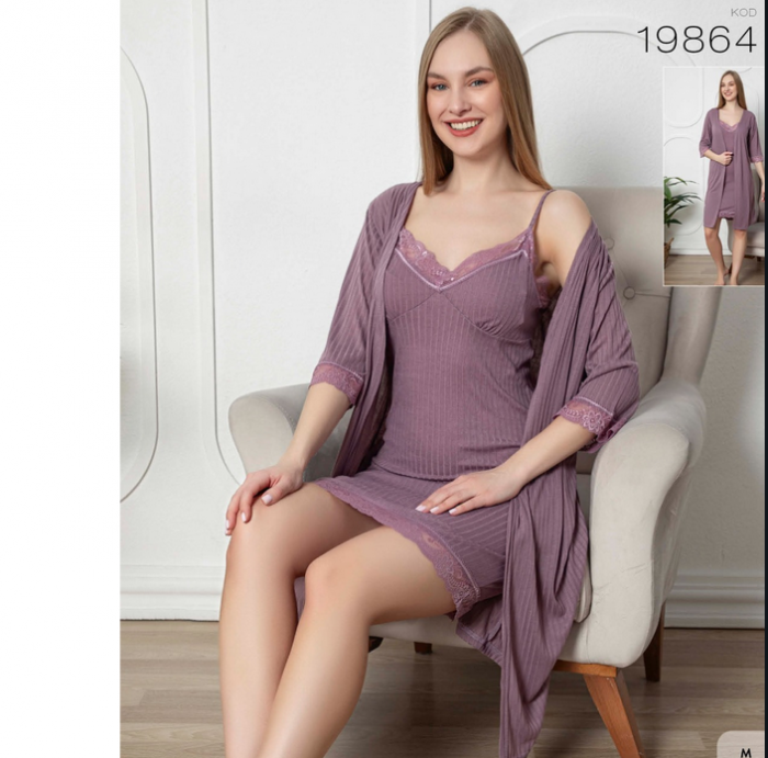 Set halat si camasa de noapte femei din două piese, Material bumbac Lux PIJ19864 [1]