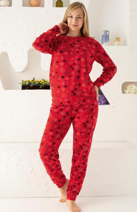 Pijama FEMEI polar, din doua piese, Material 100% micro, Lux, 507 rosu cu tematica de craciun