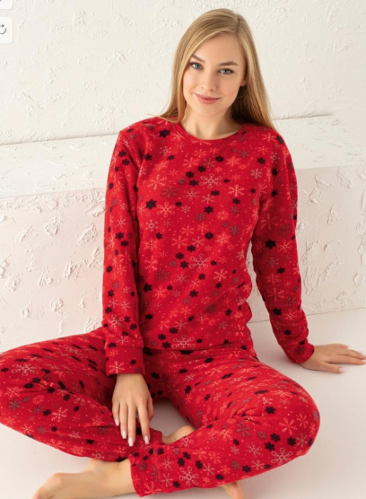 Pijama FEMEI polar, din două piese, Material 100% micro, Lux,  507 rosu cu tematica de craciun [2]