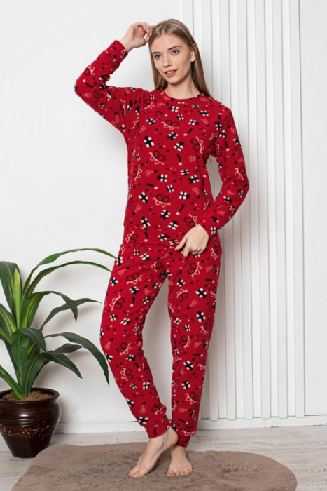 Pijama FEMEI polar, din două piese, Material 100% micro, Lux,  3001 rosu cu tematica de craciun [2]