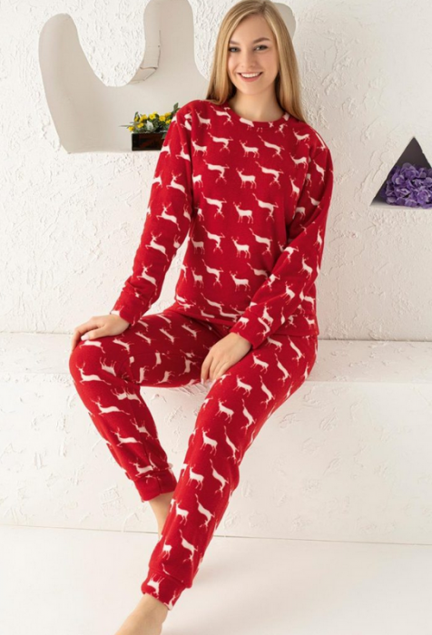 Pijama FEMEI polar, din doua piese, Material 100% micro, Lux, 505 rosu cu reni si tematica de craciun