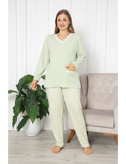 Pijama FEMEI serie mare Battal, din două piese, Material Bumbac, Lux, BERF2038 verde [3]