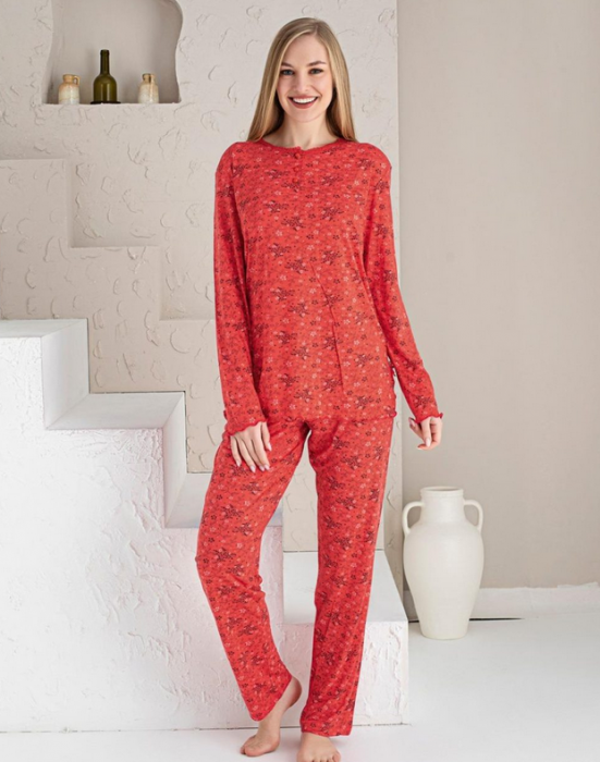 Pijama FEMEI serie mare Battal, din două piese, Material 100% Viscon, Lux,  BAK05 rosu, model cu floricel [2]