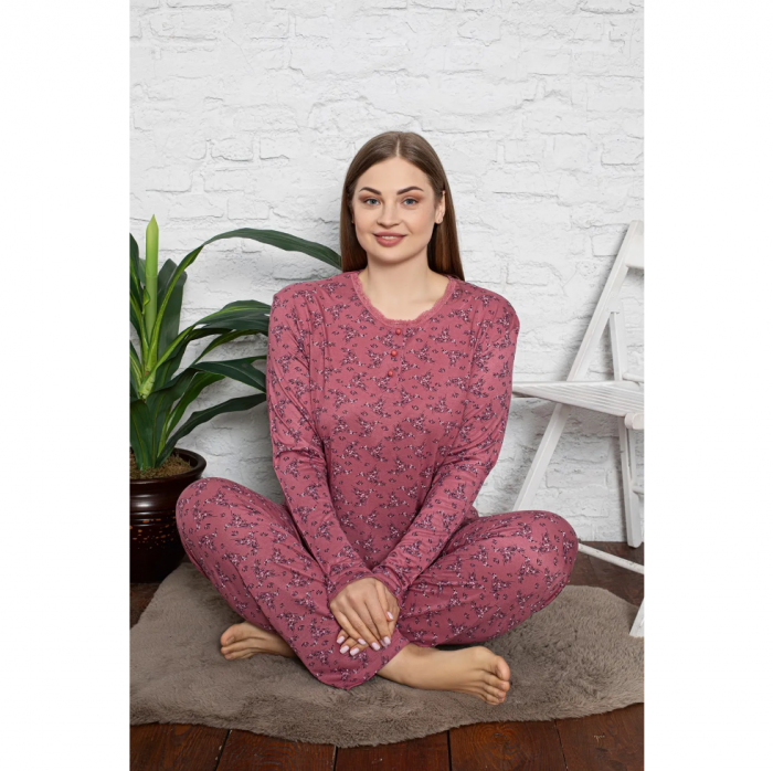 Pijama FEMEI serie mare Battal, din două piese, Material 100% Viscon, Lux,  BAK18 model cu floricele [1]