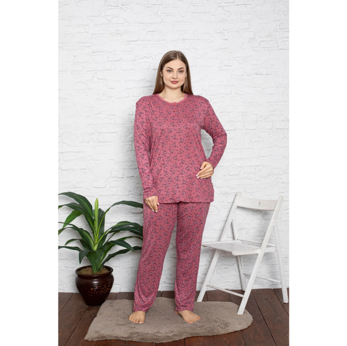 Pijama FEMEI serie mare Battal, din două piese, Material 100% Viscon, Lux,  BAK18 model cu floricele [2]