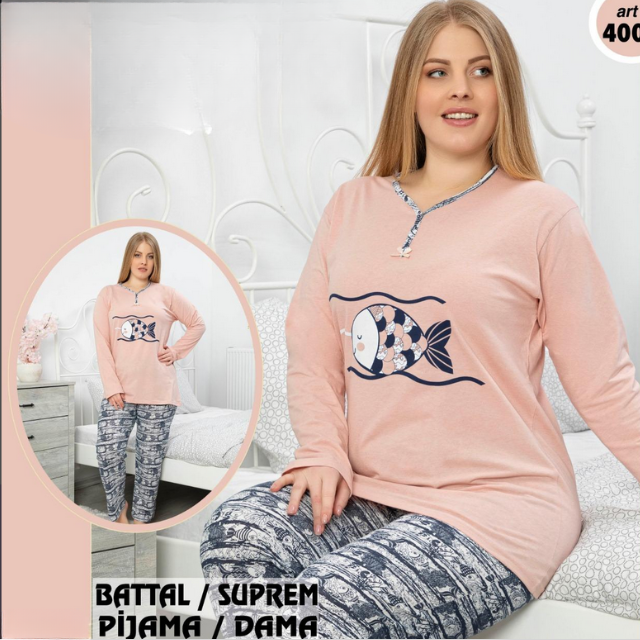 Pijama FEMEI serie mare Battal, din două piese, Material Bumbac, Lux, BERF2038 verde [4]