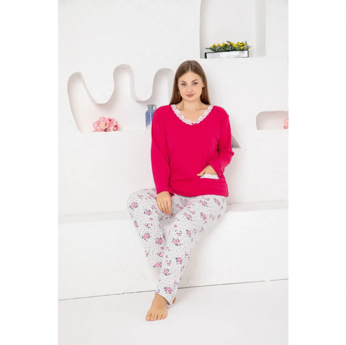 Pijama FEMEI serie mare Battal, din două piese, Material Bumbac, Lux, BERF2040 roz [1]