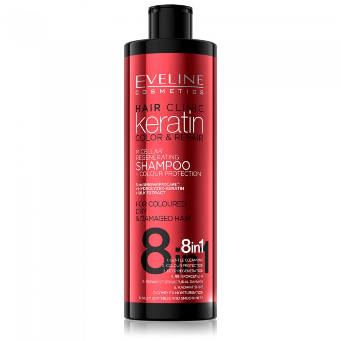 Sampon de par, Eveline Cosmetics, 8 in 1 Hair Clinic keratin color repair, 400 ml