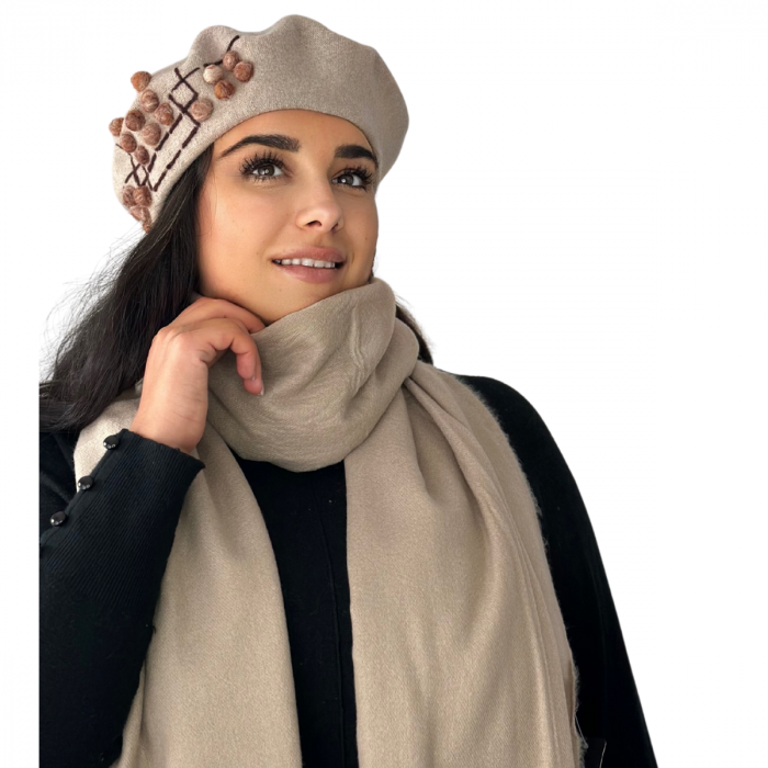 Set 2in1 Caciula de dama stil bereta cu esarfa asortata, marime universala, culoare capuccino, BM22.03-1507, Rabionek Polonia [2]