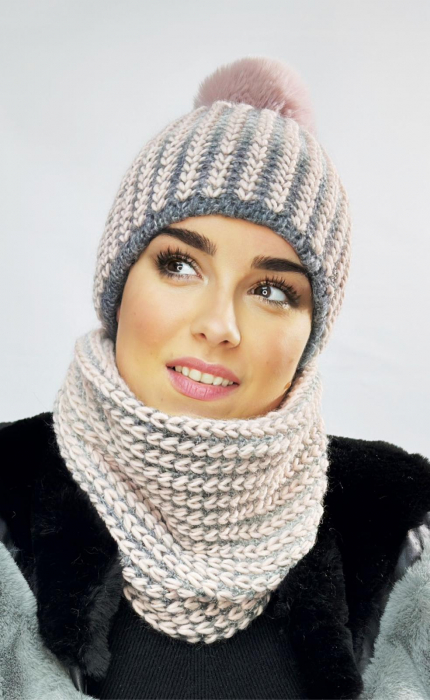 Set Caciula si fular impletite, calduroase din lana, caciula dublata în interior MIRA roz, Polonia [2]