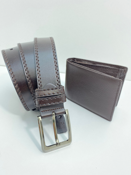 Set cadou bărbați 100% piele, Portofel și Curea de pantaloni UNO, culoare maro inchis, F2092 [2]
