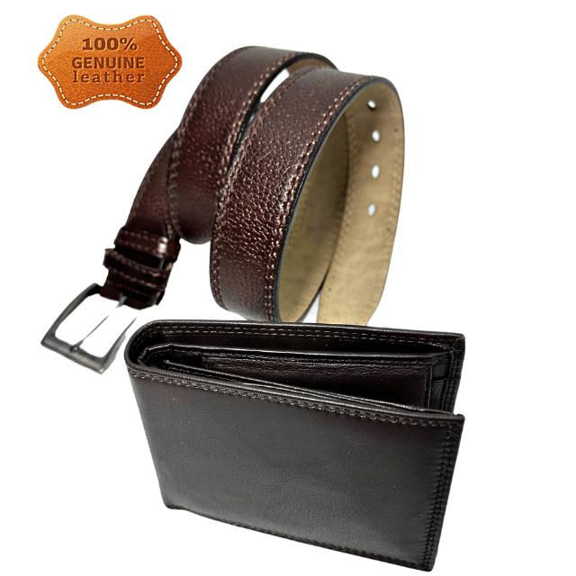 Set cadou bărbați 100% piele, Portofel și Curea de pantaloni, culoare maro inchis cu striatii, F-2106-4 [3]