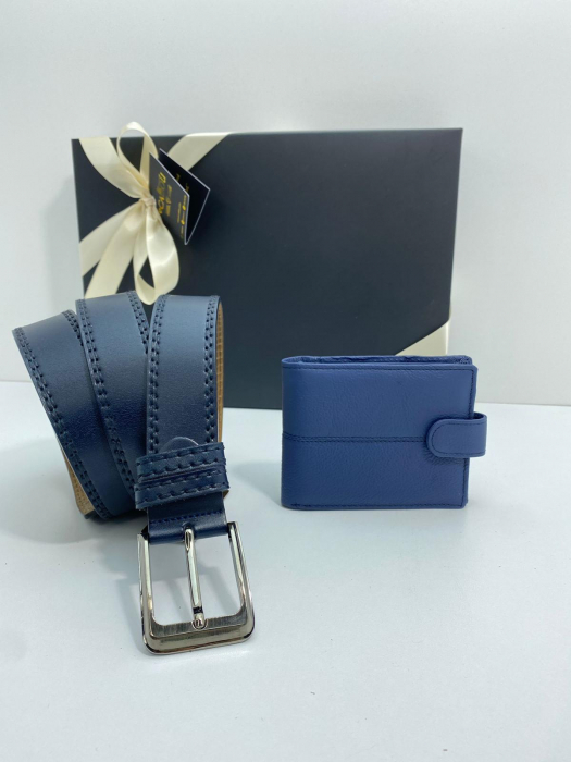 Set cadou bărbați 100% piele, Portofel și Curea de pantaloni UNO, culoare bleomarin F2092 [2]