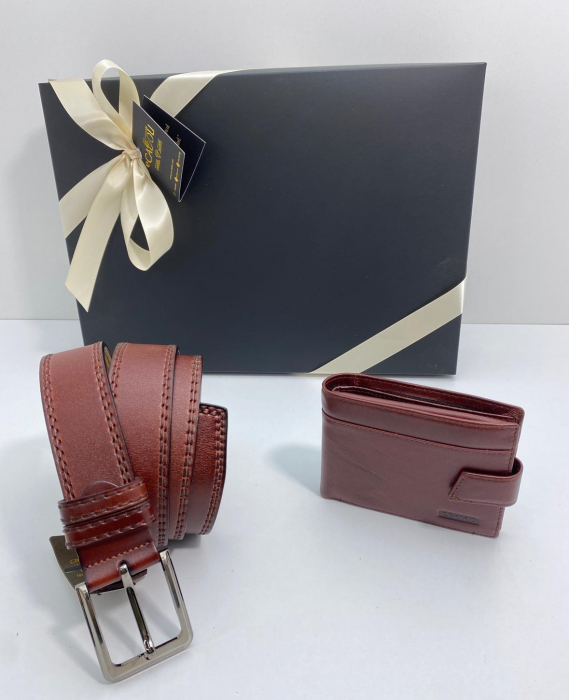 Set cadou bărbați 100% piele, Portofel și Curea de pantaloni UNO, culoare maro-roscat,F2092 [2]