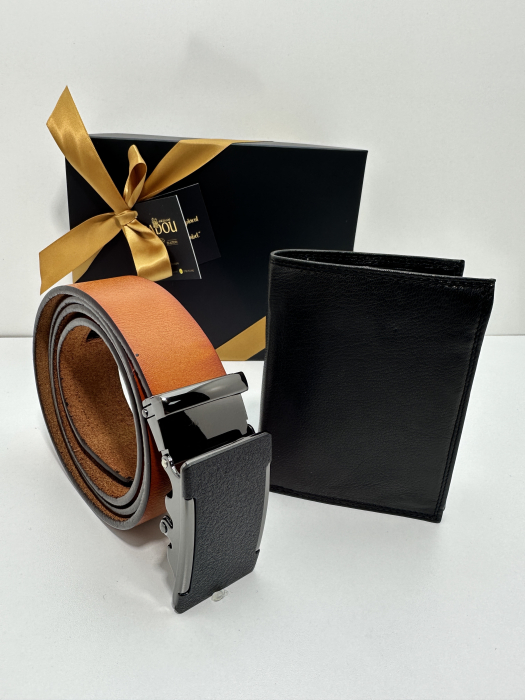 Set cadou elegant pentru barbati cu Portofel de piele si Curea automata N507 roșcat 125cm [2]