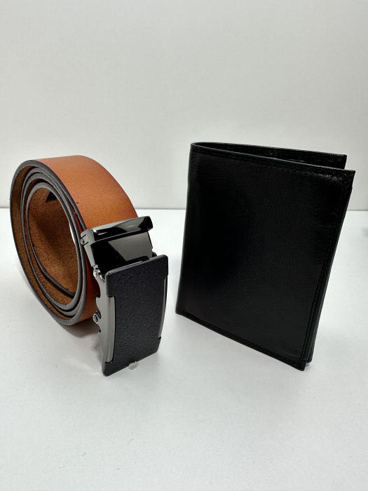 Set cadou elegant pentru barbati cu Portofel de piele si Curea automata N507 roșcat 125cm [3]
