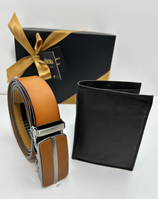 Set cadou elegant pentru barbati cu Portofel de piele si Curea automata C09 roșcat 120cm [4]
