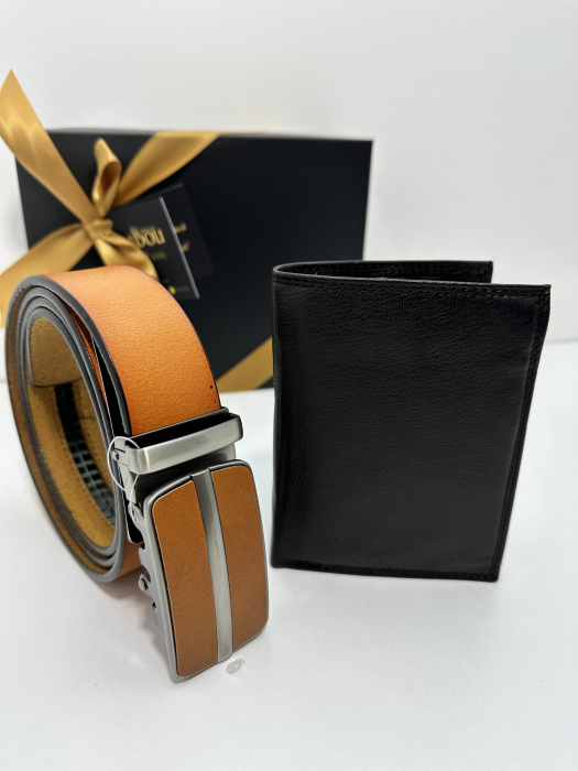 Set cadou elegant pentru barbati cu Portofel de piele si Curea automata C09 roșcat 120cm [2]