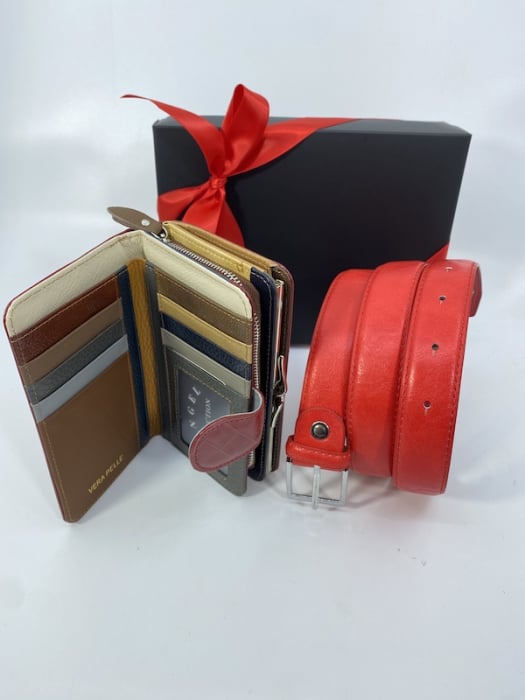 Set cadou femei Portofel de piele și Curea roșie  2103R [2]