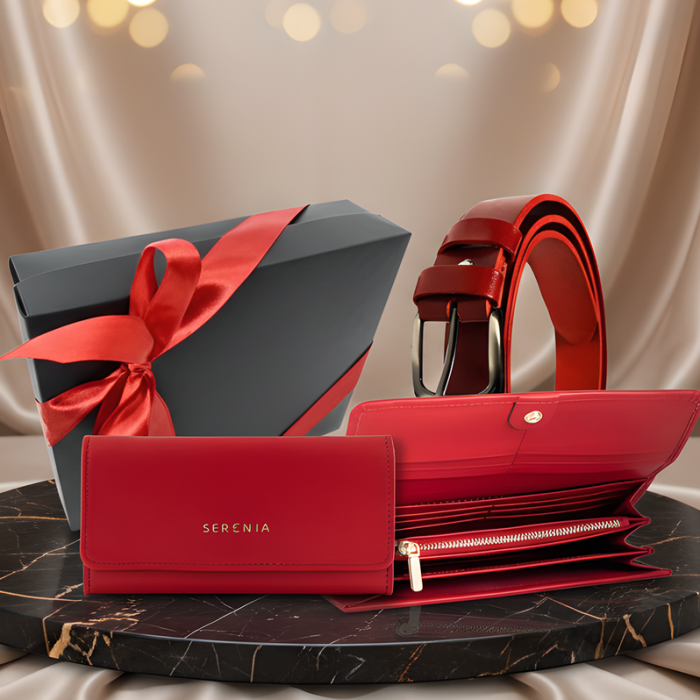 Set cadou GINA pentru femei Portofel si Curea de piele naturala 100% produs in Romania, rosu 3cm ,SRN_ALCR03 [2]