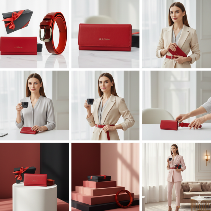 Set cadou GINA pentru femei Portofel si Curea de piele naturala 100% produs in Romania, rosu 3cm ,SRN_ALCR03 [9]