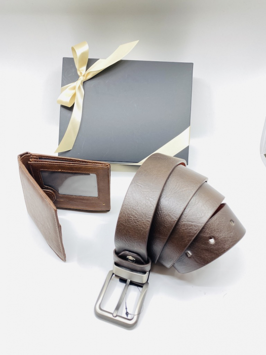 Set cadou pentru bărbați Portofel de piele și Curea maro inchis Brown A786 [2]