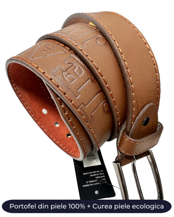 Set cadou JEANS Portofel din piele 100% si Curea piele ecologica maro, A698_010WK [3]