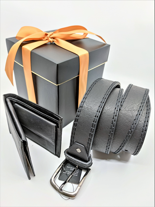 Set cadou Portofel piele si Curea piele ecologica de barbati neagra,A391.35-P1373, latime curea 3.5cm [4]