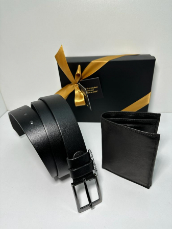 Set cadou Portofel piele si Curea piele ecologica de barbati neagra,TRI23.3015, latime curea 3cm [2]